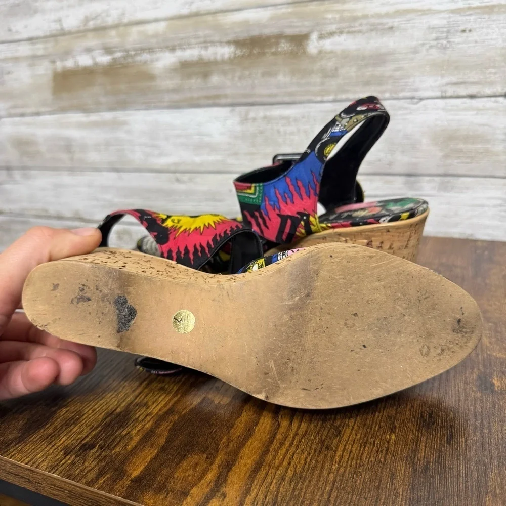 Nicole Miller Silk Platform Wedge Sandals 1960's Jazz Soul Music Pattern Size 7